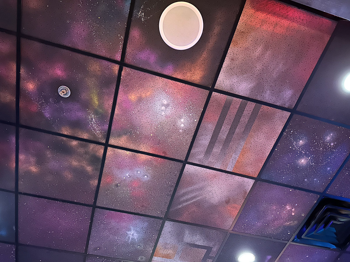 ceiling with purple paint and sparkles